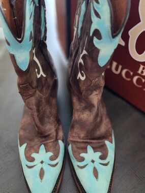 Darling Lucchese 1883 Brown Suede Cowboy Boots with Turquoise Inlay With Box